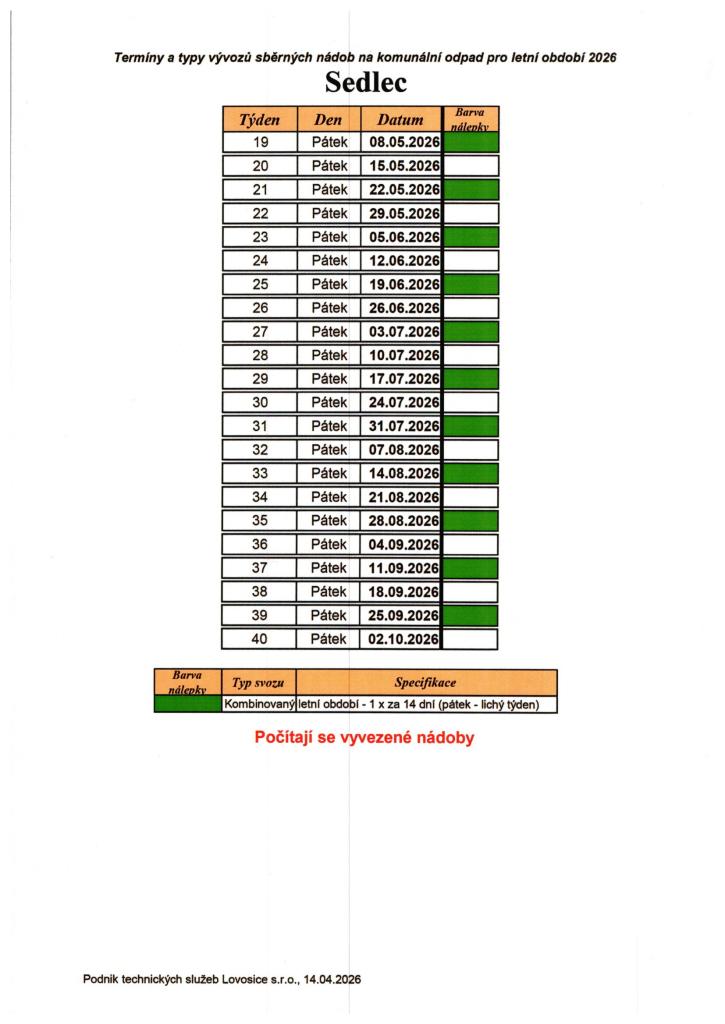 Termíny vývozu komunálního odpadu