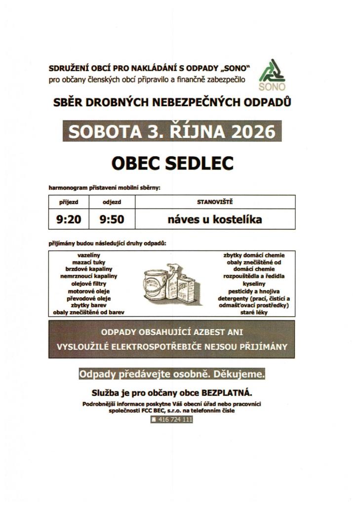 Sběr drobných nebezpečných odpadů 3.10.2026